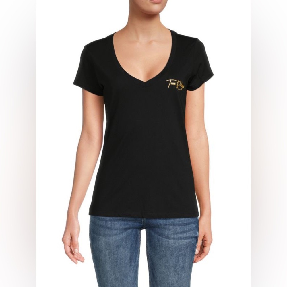 NWT True Religion Black Script Buddha V-Neck Tee Shirt